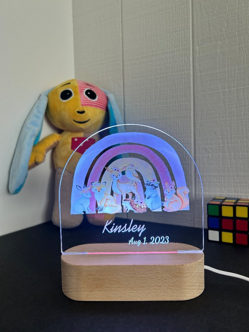 woodland animals and rainbow white personalized led night light pg