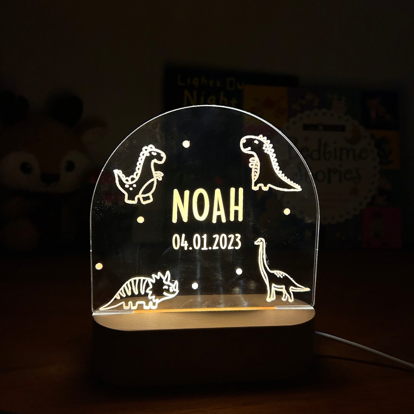 dinosaur personalized night lamp for kids with custom name and date