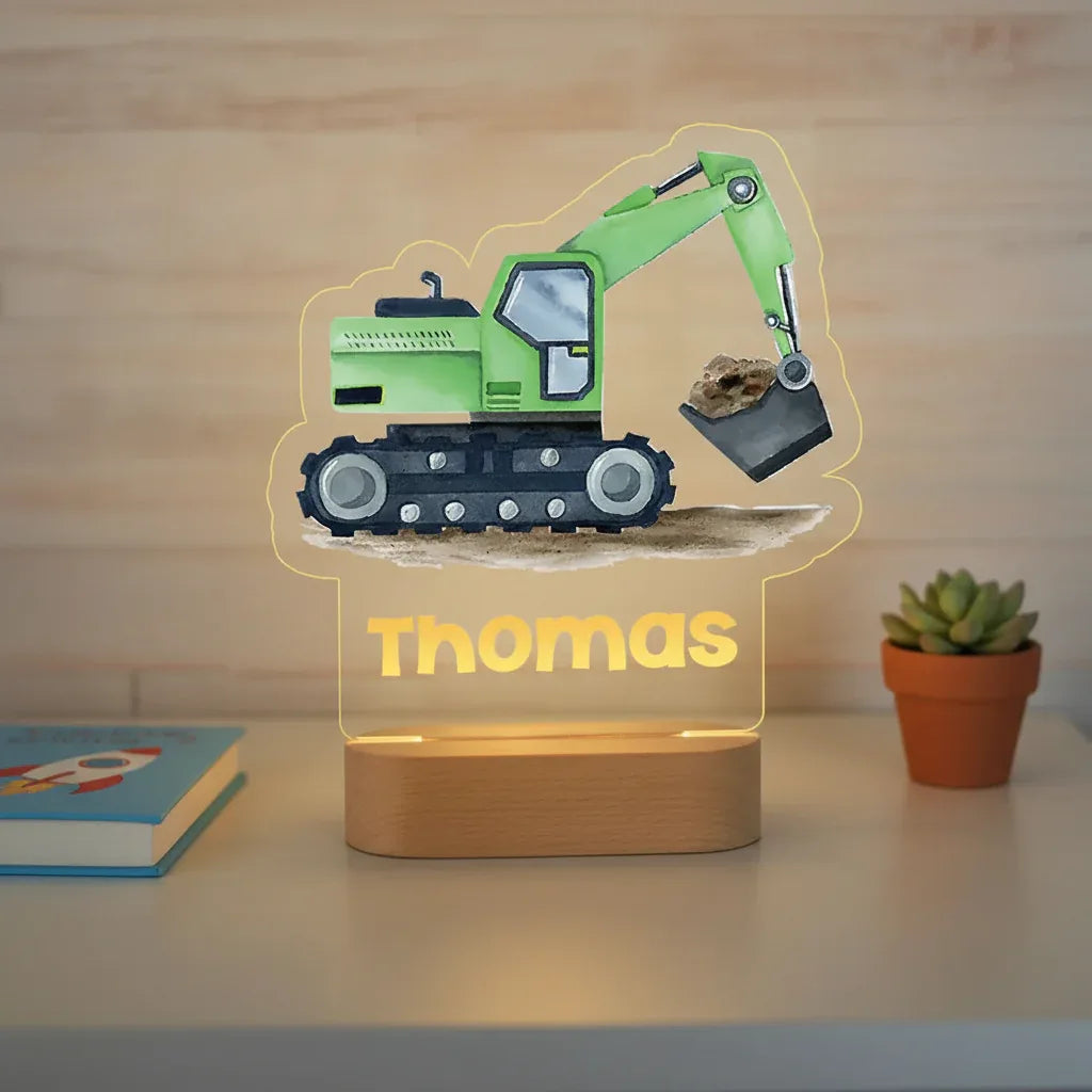 Green Excavator Personalized Night Light Custom Name Acrylic Lamp for Baby Nursery or Kids Bedroom
