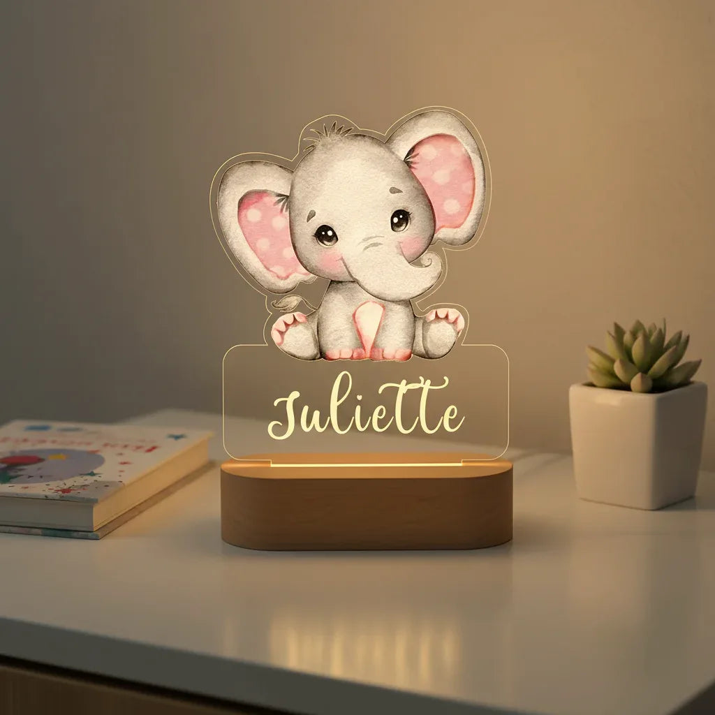 Elephant with Pink Ears Personalized Night Light Custom Name Acrylic Lamp for Baby’s Room or Kids Bedroom