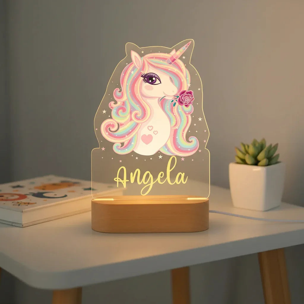 Sparkly Unicorn Personalized Night Light Custom Name Acrylic Lamp Baby Girl’s Room