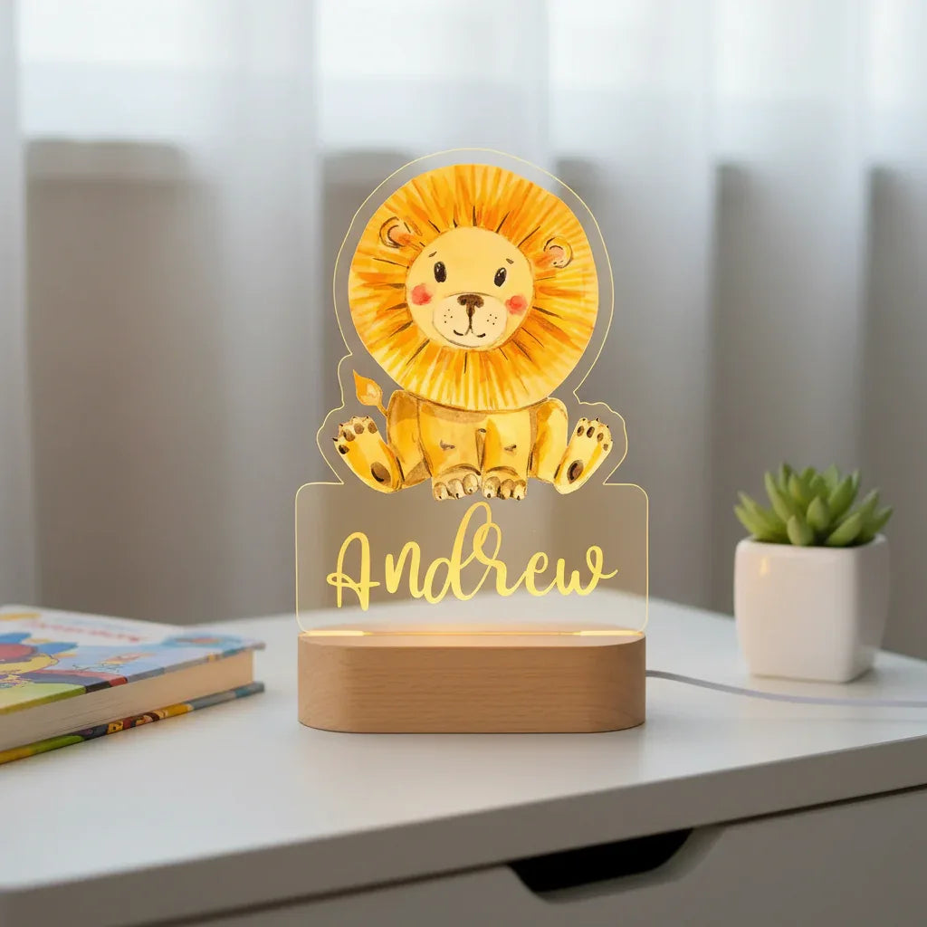 Lion Personalized Kids Animal Night Light Custom Name Acrylic Lamp for Baby's Room and Kids Bedroom