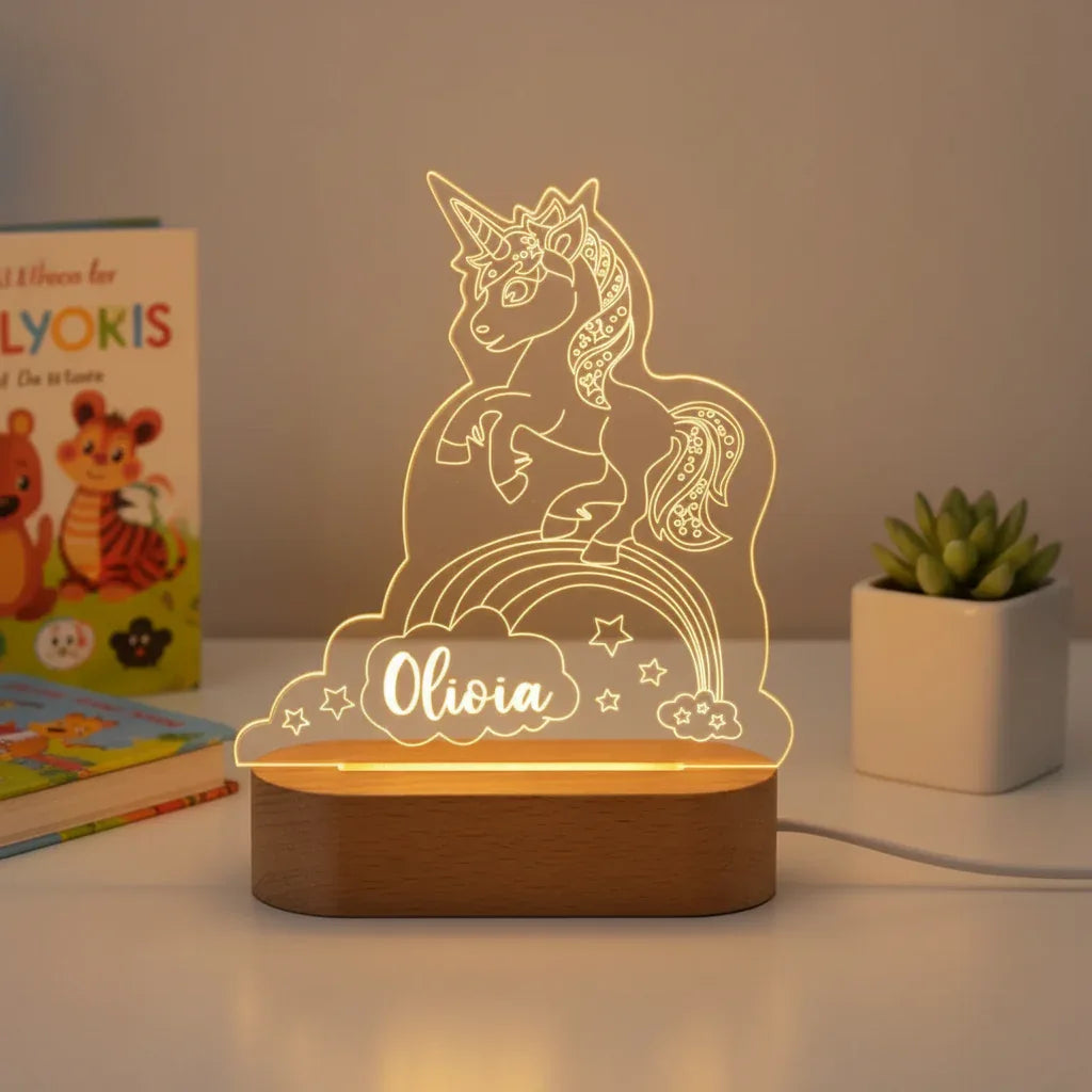 Unicorn on a Rainbow Personalized kids Night Light Custom Name Acrylic Lamp for Kids Bedroom or Nursery