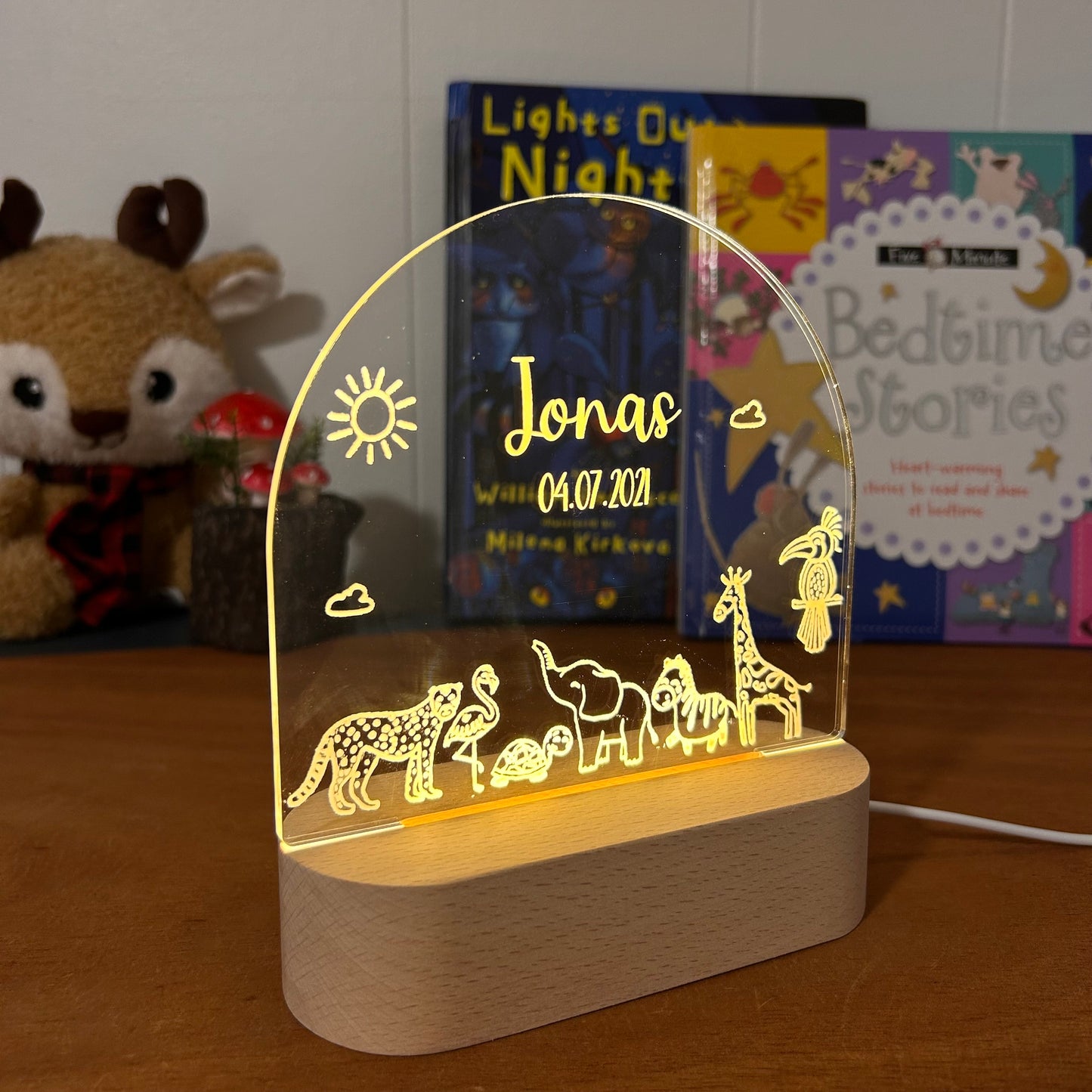 animal personalized night lamp for kids with custom name and date
