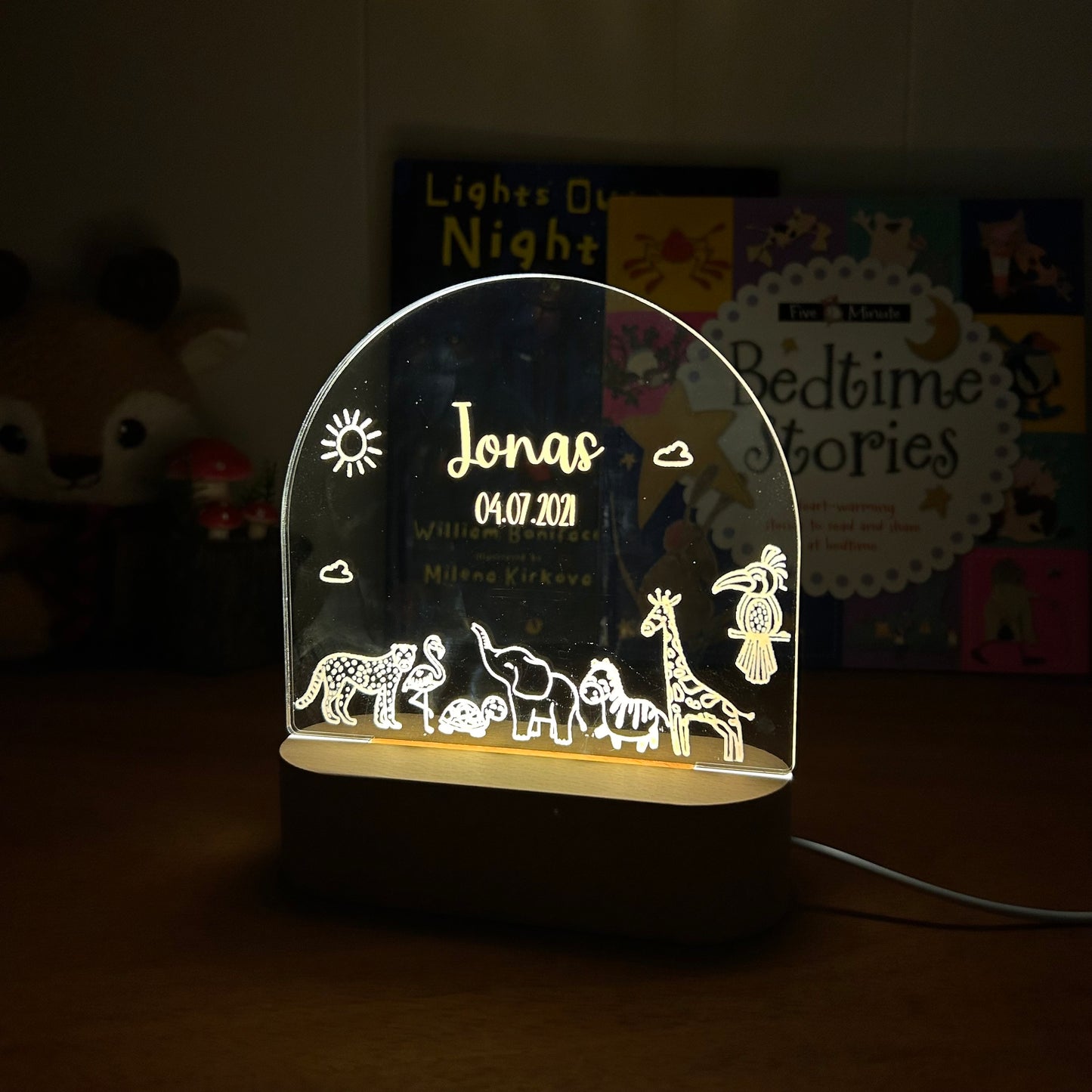 animal personalized night lamp for kids with custom name and date