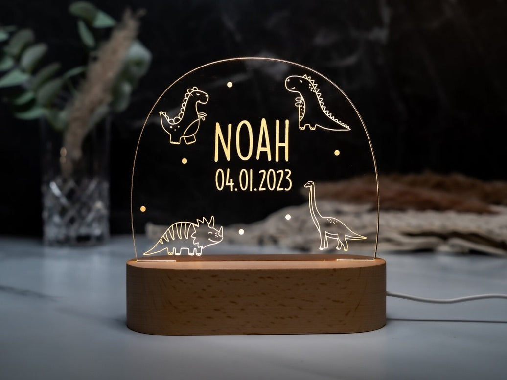 dinosaur personalized night lamp for kids with custom name and date