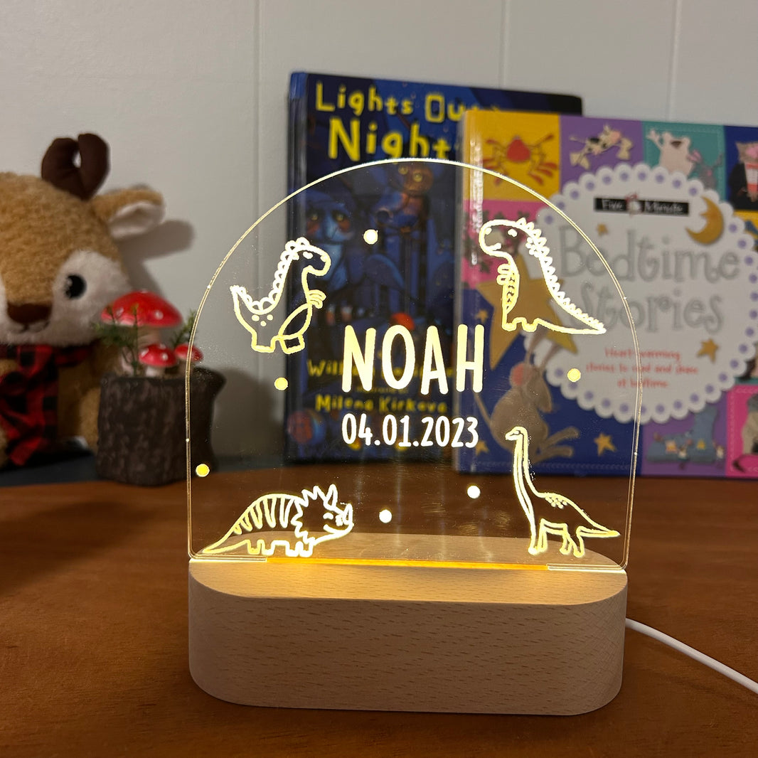 dinosaur personalized night lamp for kids with custom name and date