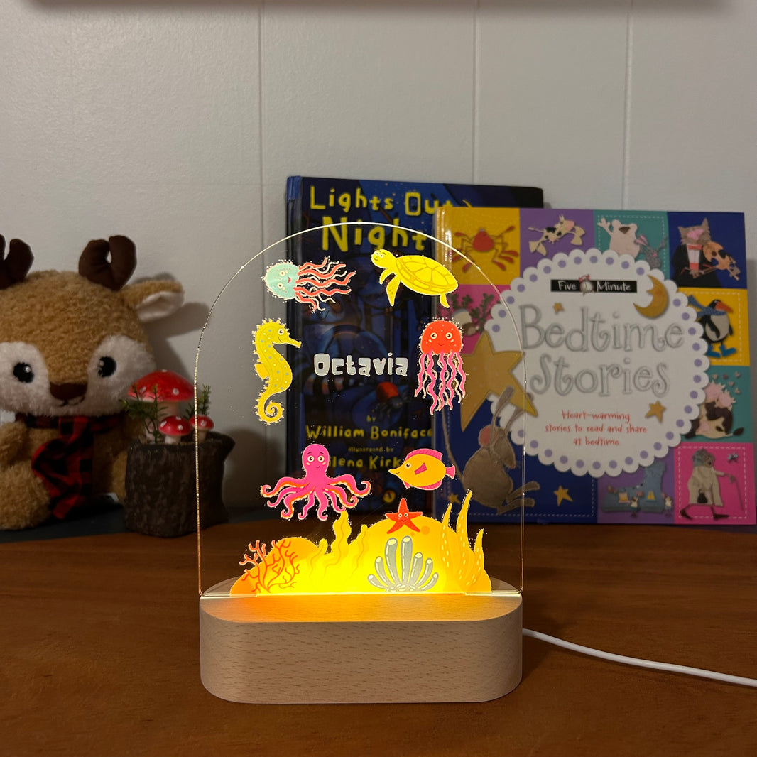 sea creatures personalized night lamp for kids with custom name and date