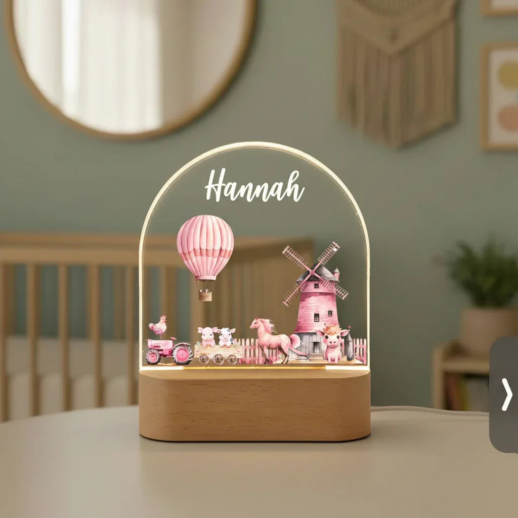 Personalized Farm Animals in Pink Night Light for Kids Custom Name Bedside Lamp - Custom Table Lamps