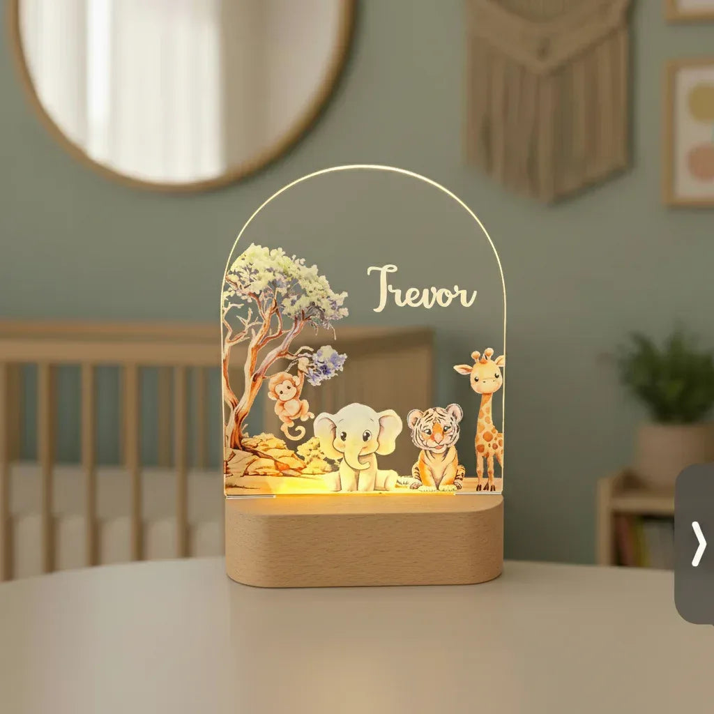 Personalized Safari Animal Night Light for Kids Custom Name Nursery Lamp - Custom Table Lamps