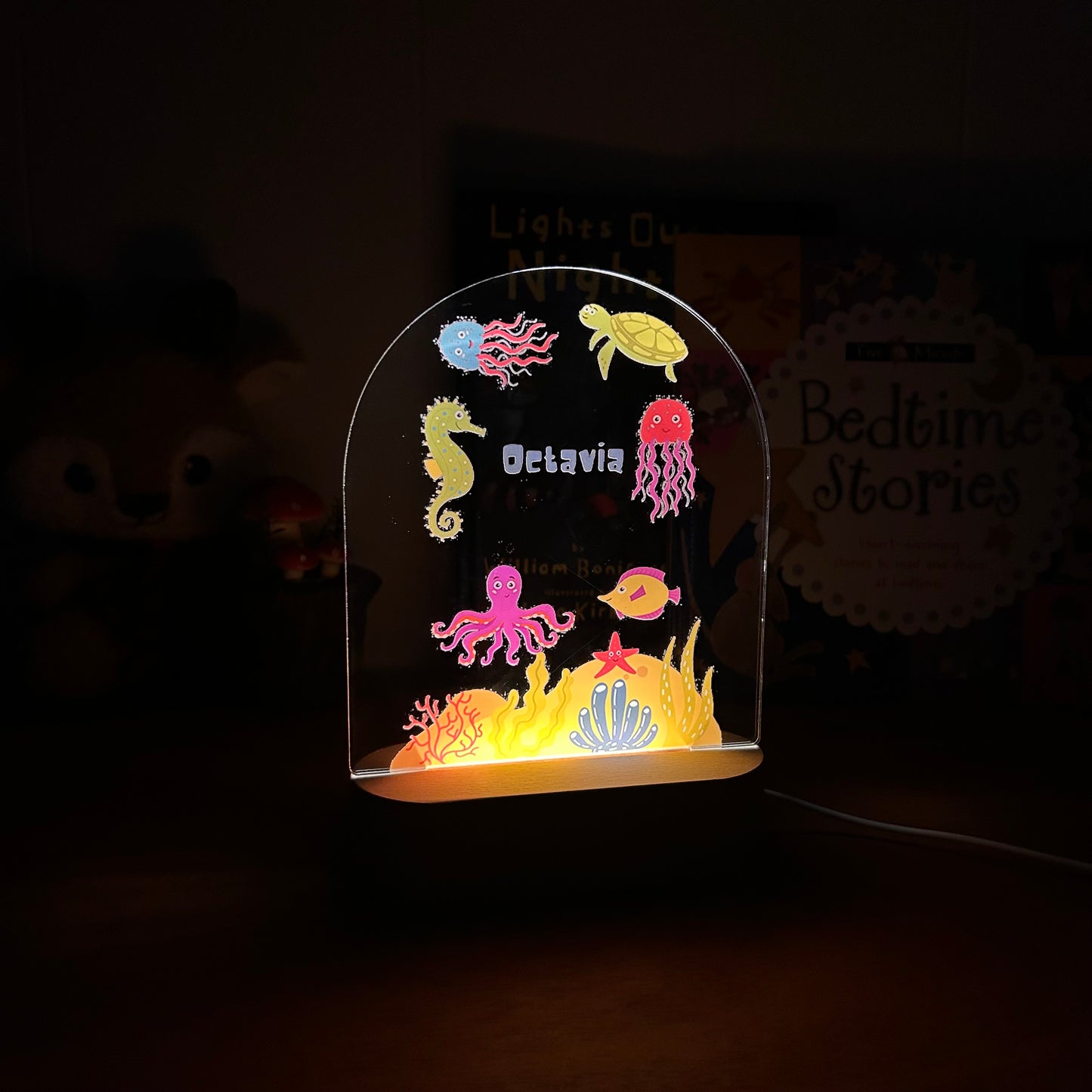 sea creatures personalized night lamp for kids with custom name and date