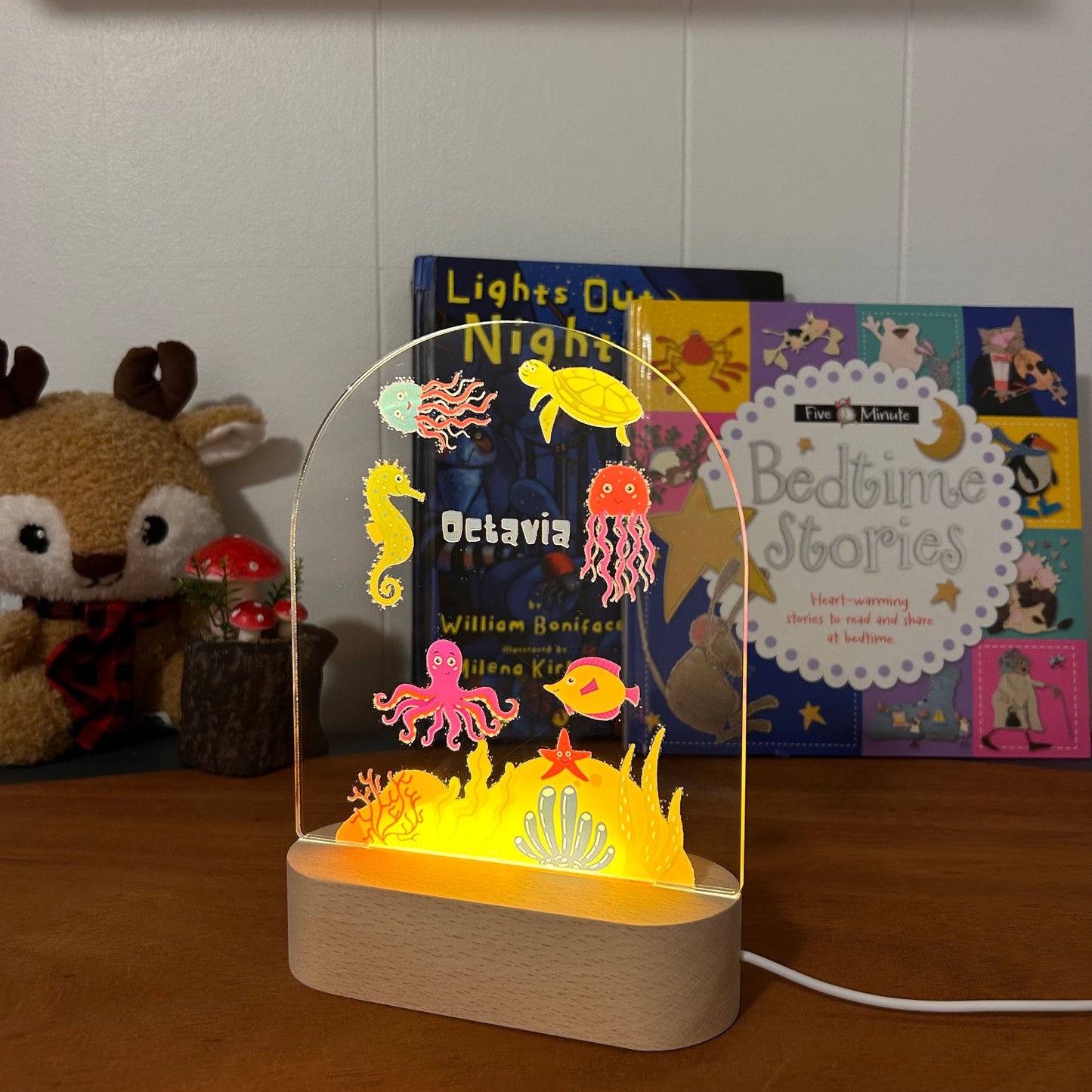 sea creatures personalized night lamp for kids with custom name and date