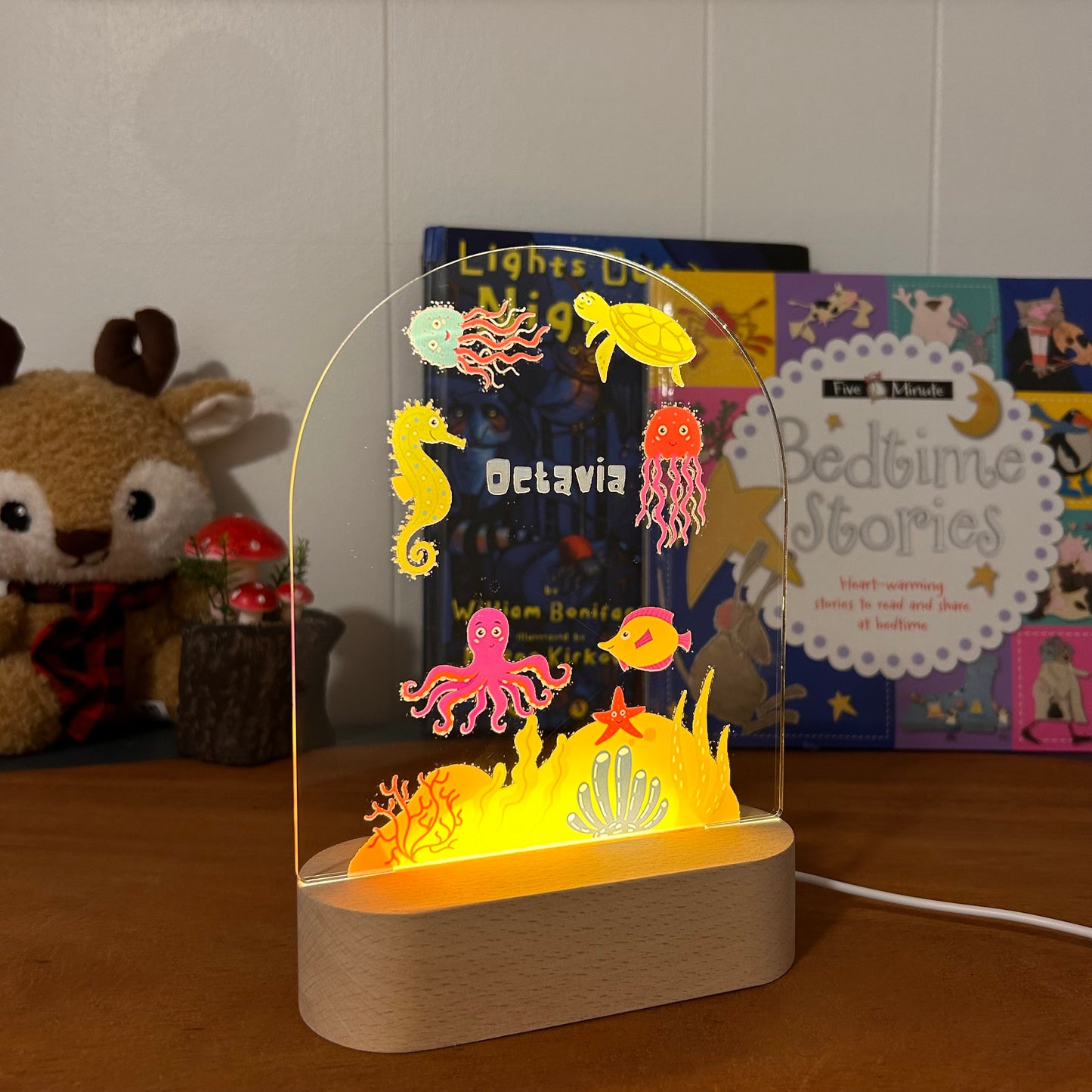 sea creatures personalized night lamp for kids with custom name and date