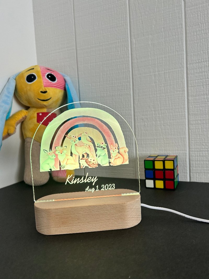 woodland animals and rainbow warm white personalized led night light pg