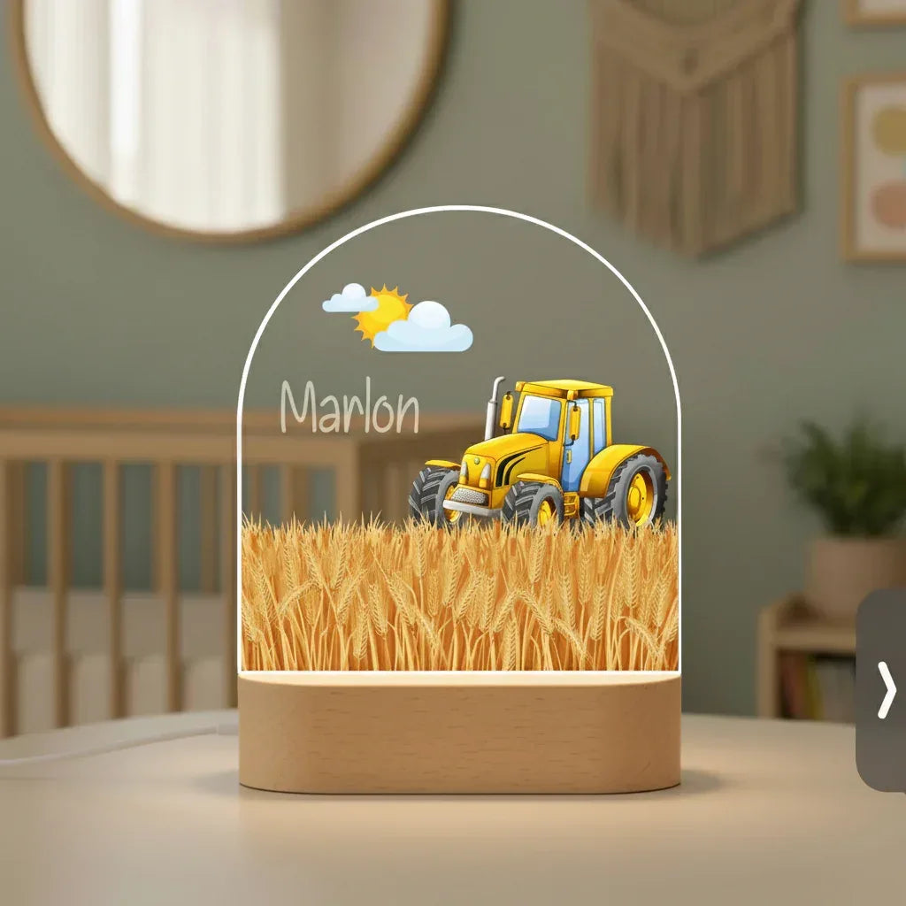 Yellow Tractor Personalized Night Light Custom Name Light for Kids' Nursery or Bedroom - Custom Table Lamps