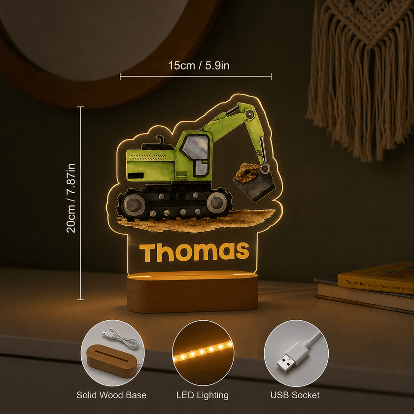 Green Excavator Personalized Name Light