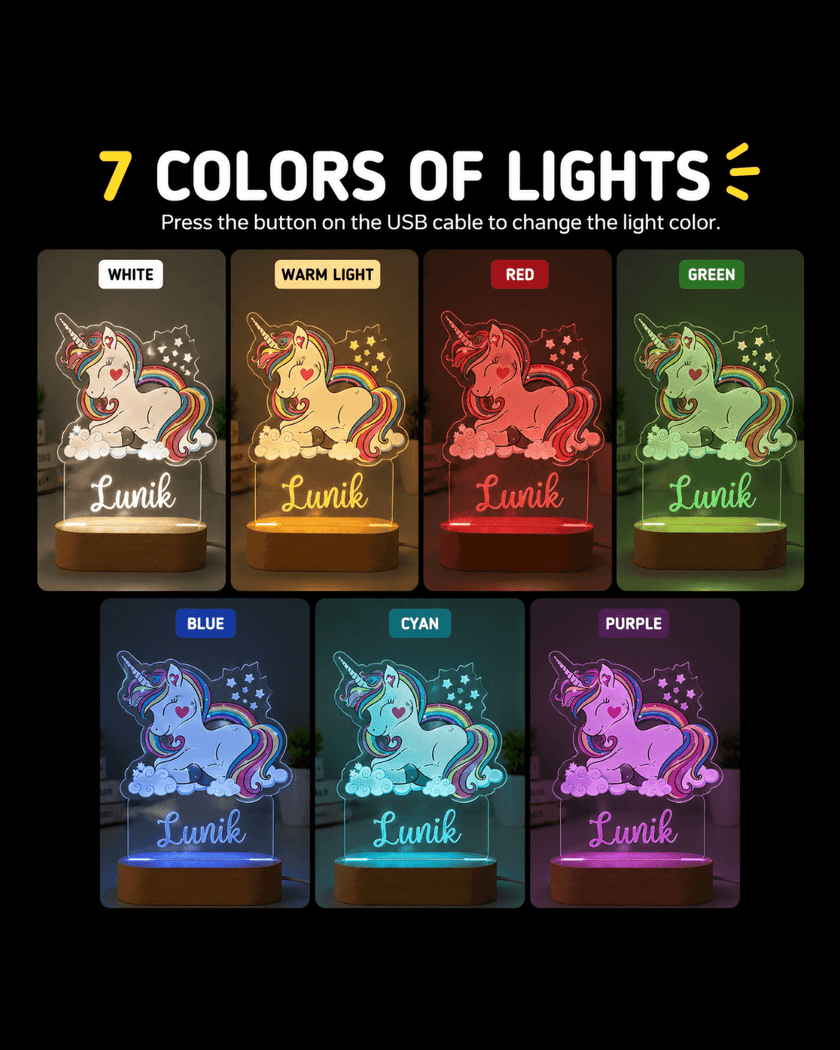 White & Colourful Unicorn Personalized Name Light