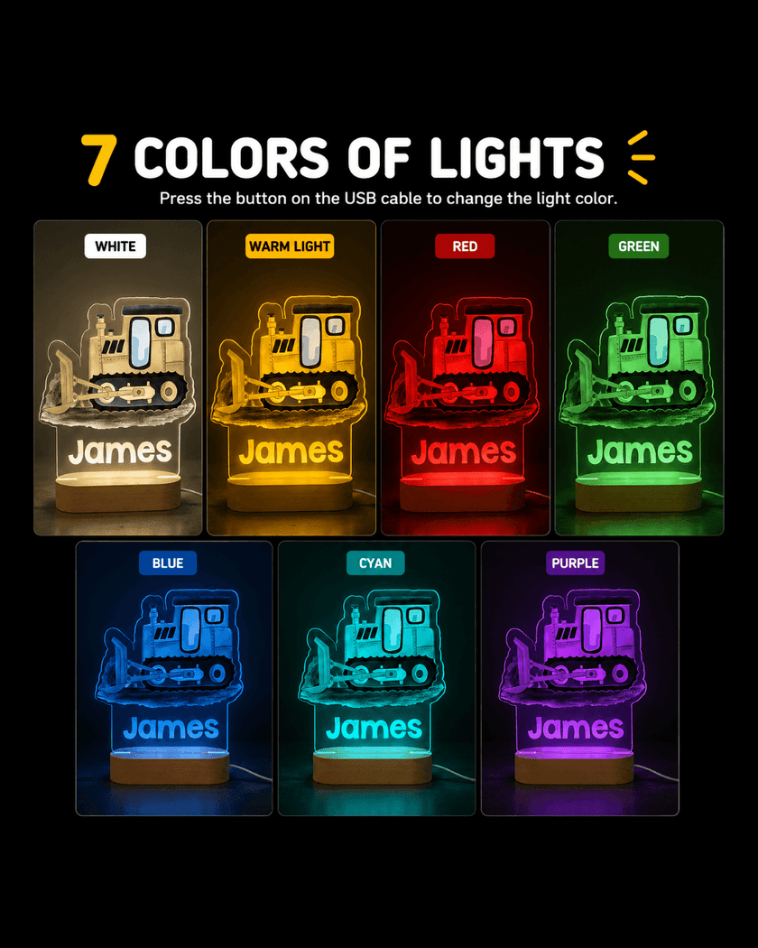 Yellow Bulldozer Personalized Name Light