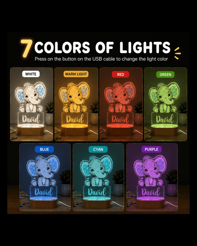 Elephant with Blue Ears Personalized Name Light