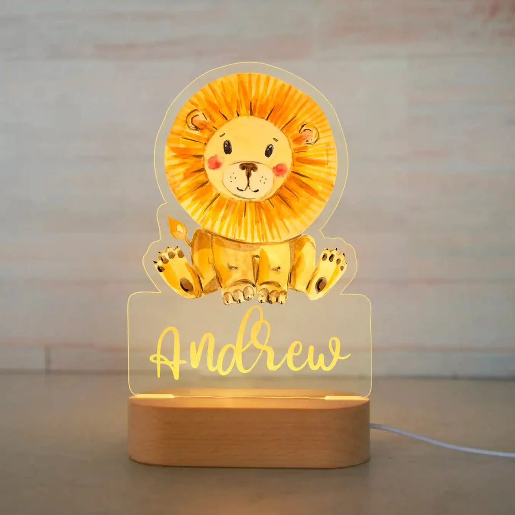 Lion Personalized Kids Animal Night Light Custom Name Acrylic Lamp for Baby's Room and Kids Bedroom