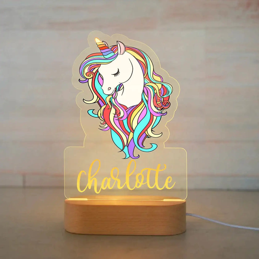 Unicorn with Rainbow Hair Personalized Children's Night Light Custom Name Acrylic Lamp for Nursery or Kids Bedroom