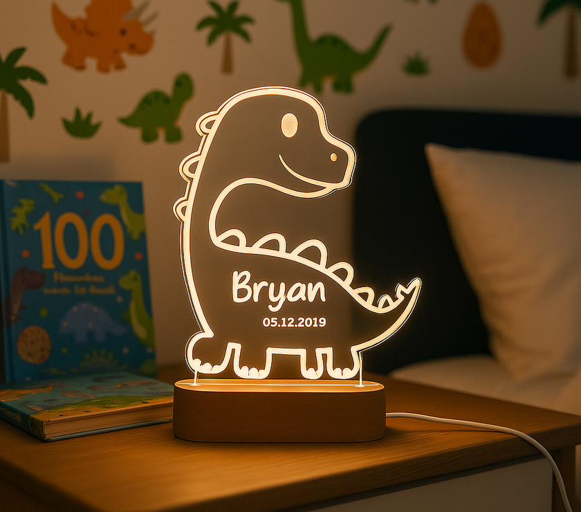 Dinosaur-shaped night light with name, dinosaur-themed room decor