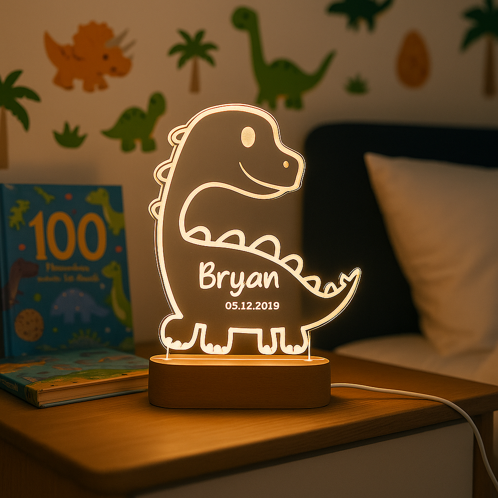 Dinosaur-shaped night light with name, dinosaur-themed room decor