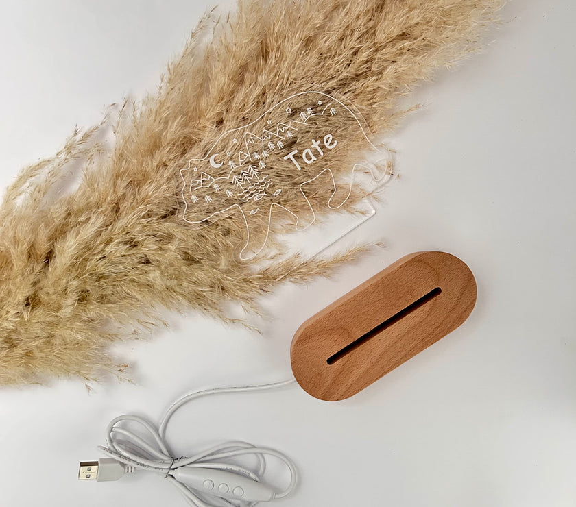 wooden base and a personalized acrylic night light 