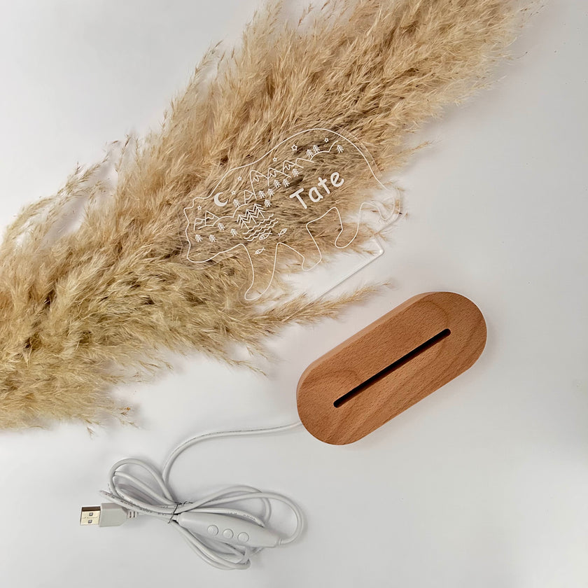 wooden base and a personalized acrylic night light 