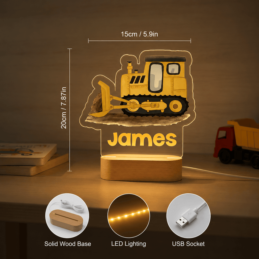 Yellow Bulldozer Personalized Name Light