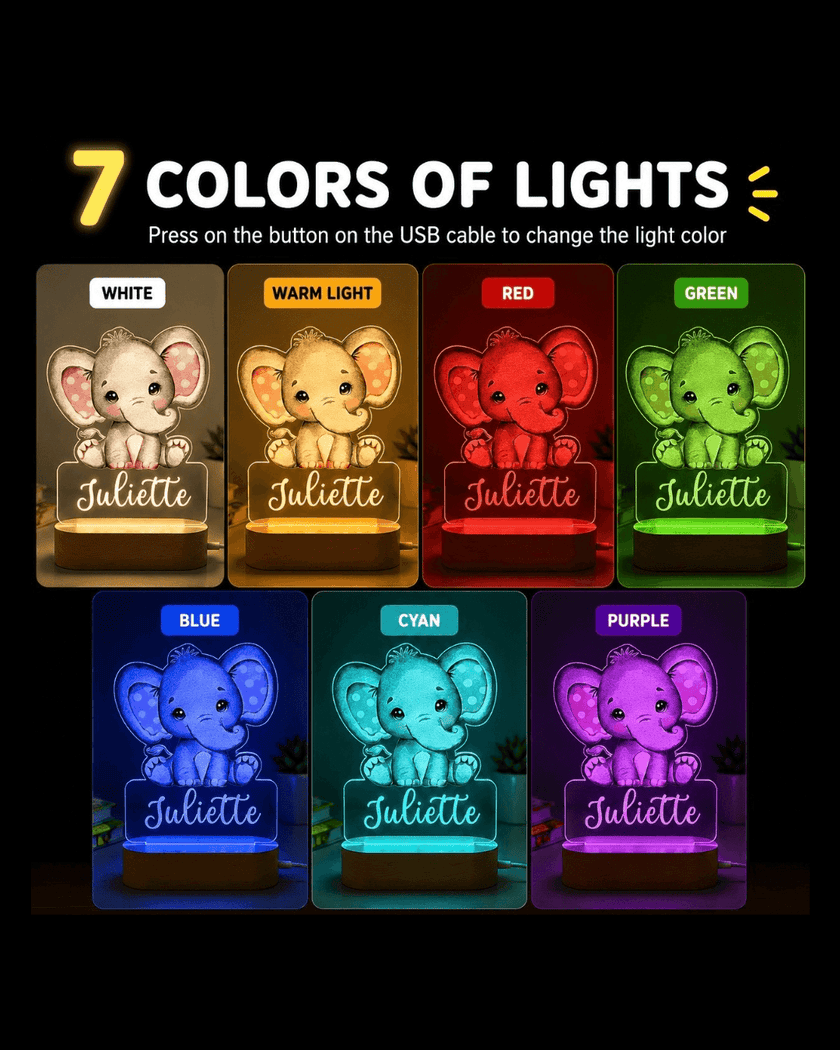 Elephant with Pink Ears Personalized Name Light