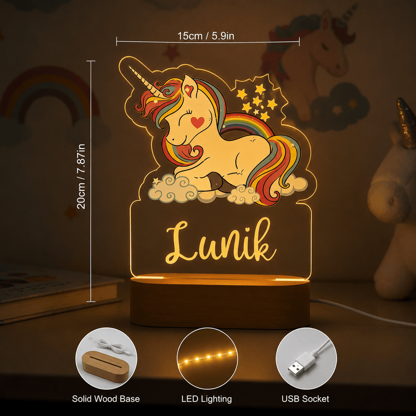 White & Colourful Unicorn Personalized Name Light