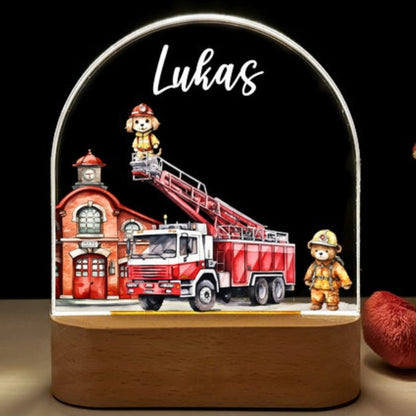 Firefighter  and firetruck personalized night light