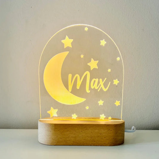 Moon and Stars engraved night lamp for kids with a name 