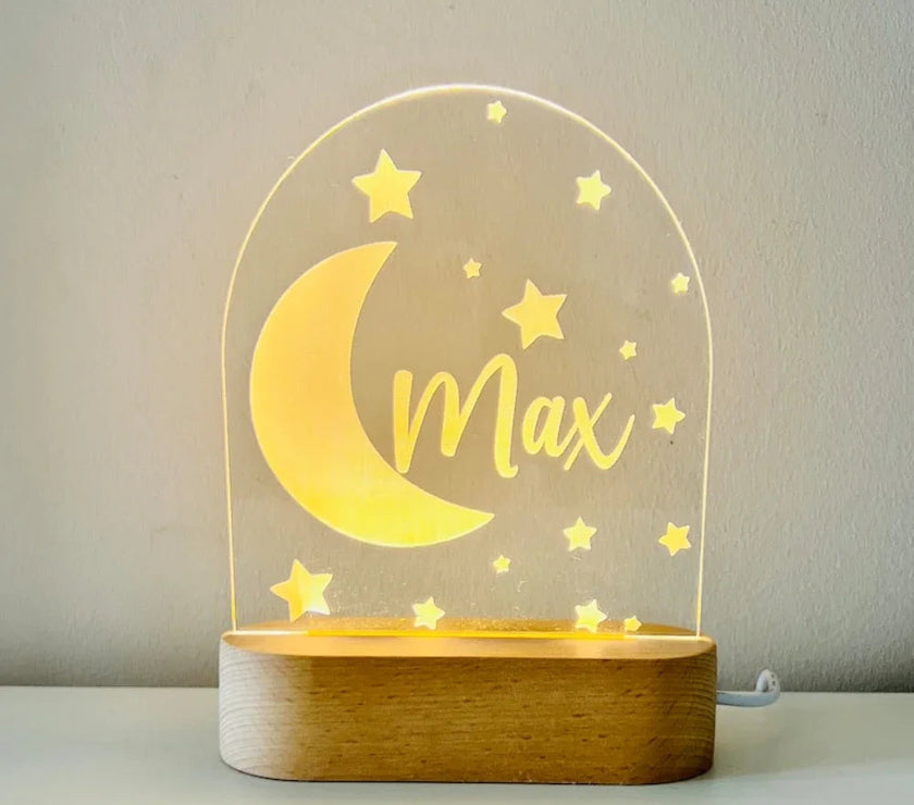 moon and stars personalized night lamp for kids with a wooden base