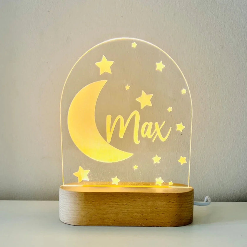 moon and stars personalized night lamp for kids with a wooden base
