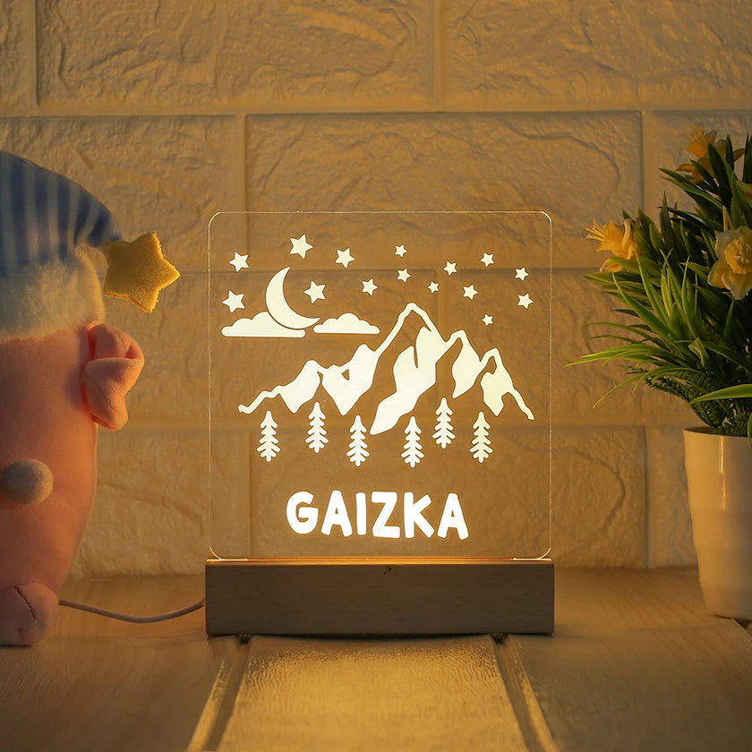 Mountain personalized night lamp for kids with name and date