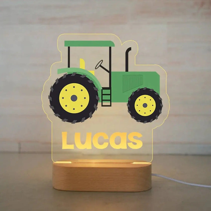 Classic Green Tractor Personalized kids Night Light Custom Name Acrylic Lamp for Kids Bedroom or Nursery