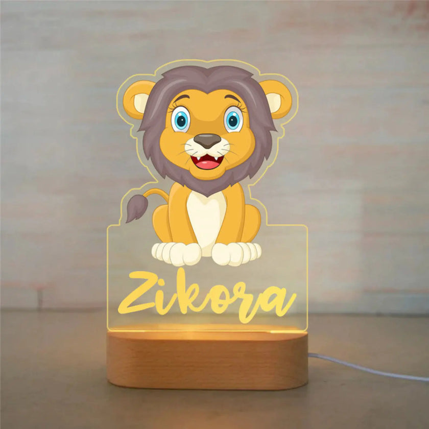 Jungle Lion Personalized Animal Night Light Custom Name Acrylic Lamp for Baby and or Kids Bedroom
