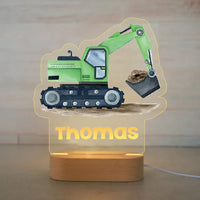 Green Excavator Personalized Night Light Custom Name Acrylic Lamp for Baby Nursery or Kids Bedroom