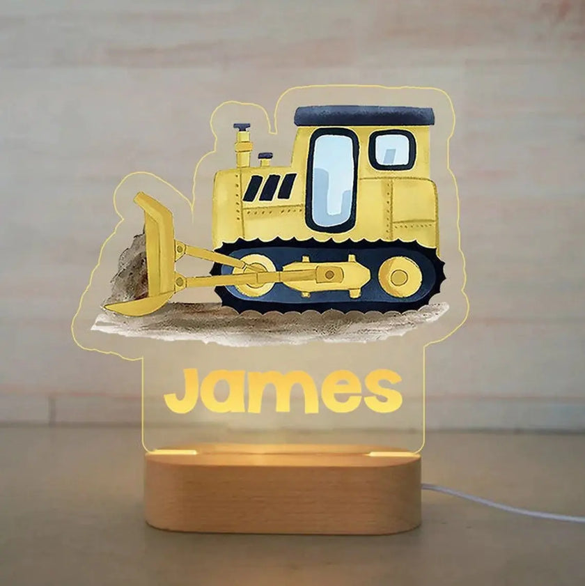 Yellow Bulldozer Personalized kids Night Light Custom Name Acrylic Lamp for Kids Bedroom or Nursery