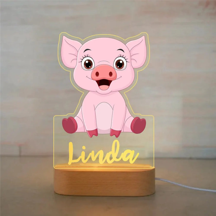 Pink Piglet Personalized Children's Animal Night Light Custom Name Acrylic for Lamp Baby or Kids Bedroom