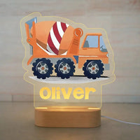 Cement Truck Personalized Night Light Custom Name Acrylic Lamp for Baby or Kids Bedroom