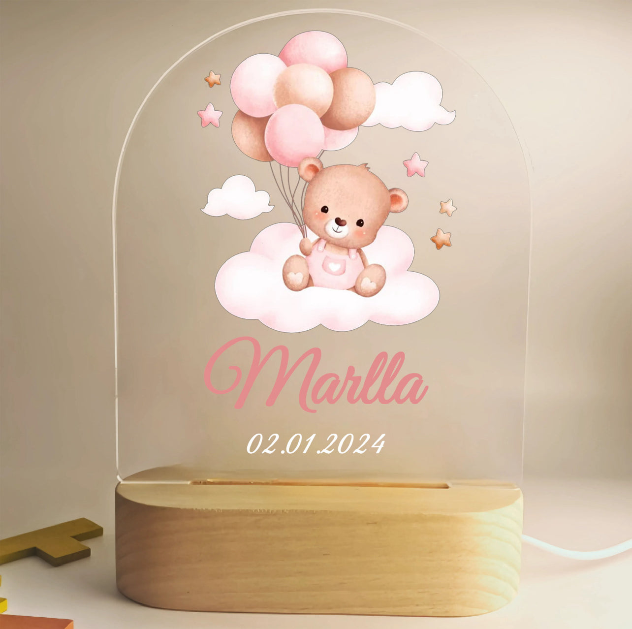Teddy bear engraved night light for kids with name and date