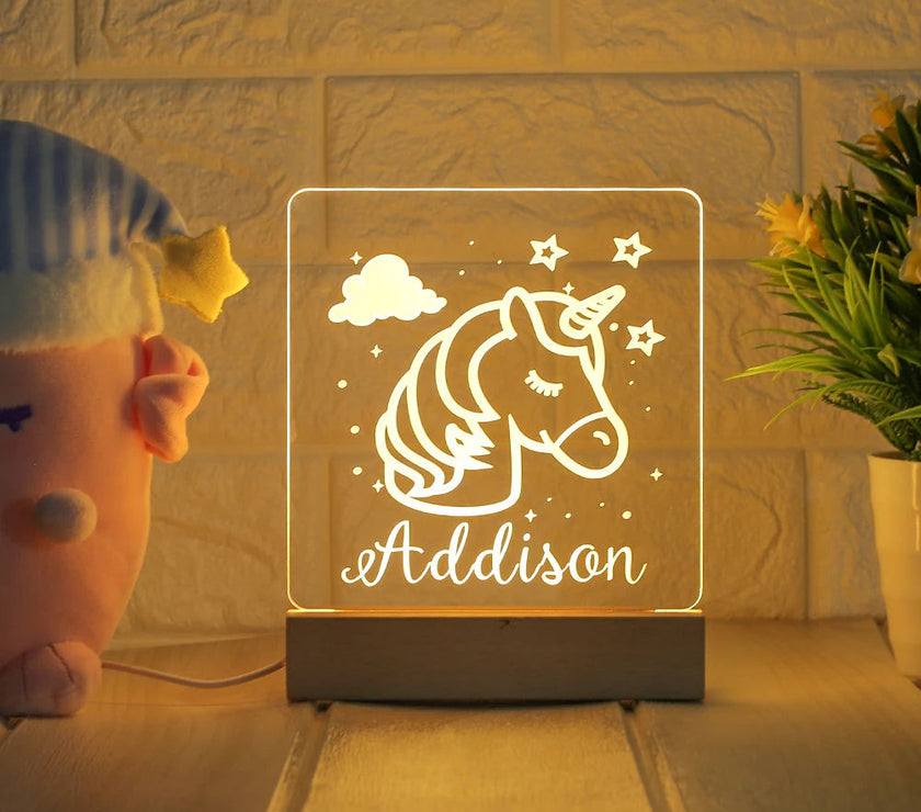 unicorn night light engraved with child's name Addison