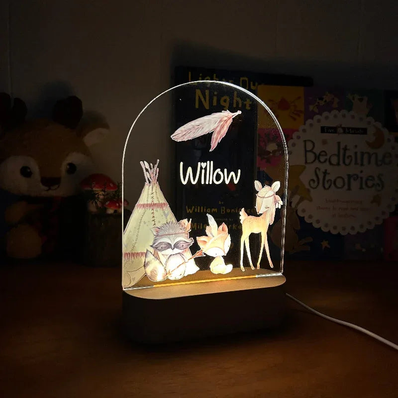 Personalized Woodland Teepee Night Light for Kids Custom Name Bedside Lamp - Custom Table Lamps