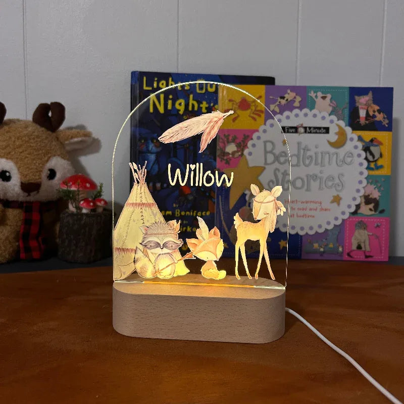 Personalized Woodland Teepee Night Light for Kids Custom Name Bedside Lamp - Custom Table Lamps