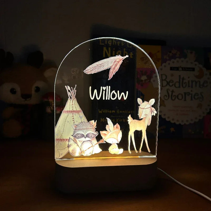 Personalized Woodland Teepee Night Light for Kids Custom Name Bedside Lamp - Custom Table Lamps