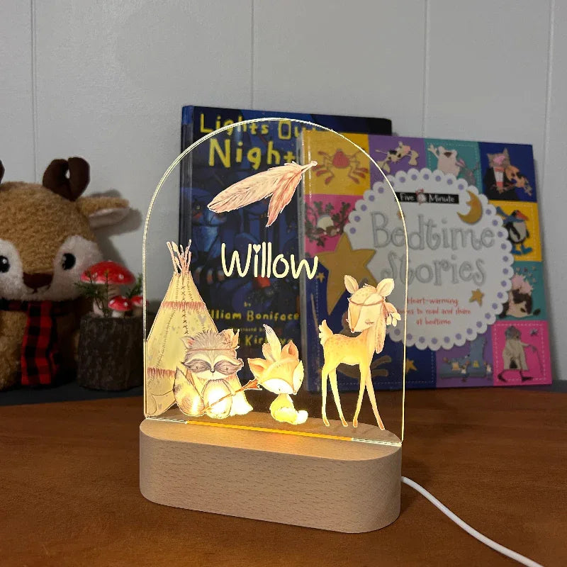 Personalized Woodland Teepee Night Light for Kids Custom Name Bedside Lamp - Custom Table Lamps
