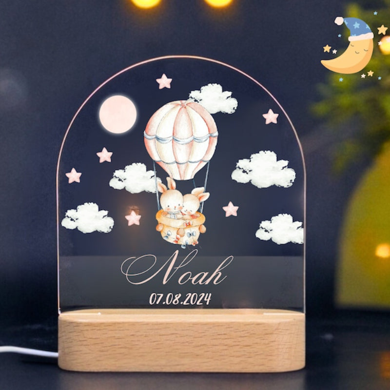 cute bunnies on air balloon personalized night light